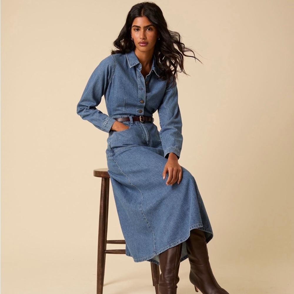 Denim Midi Shirt Dress in Blue with Belt